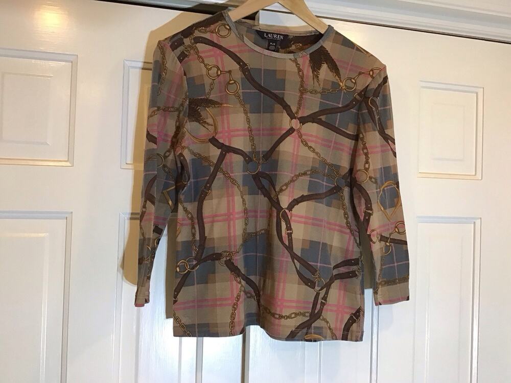 Ralph Lauren Plaid Women P-L Top Classic Equestrian 3/4 Sleeve Preppy Old Money